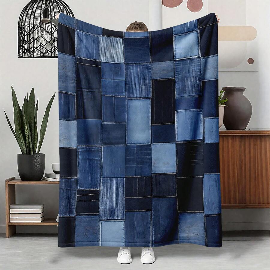 1 Piece Vintage Comfortable Denim Patchwork Blanket - Multicolor Blue Denim Patch Soft Flannel Shawl, All-Season Warm, Suitable For Sofa, Bed, Camping And Travel, Vintage Home Decor Gift, Patchwork Pattern | Comfortable Texture,Stitch,Throw Blanket - 1 - 查看 1