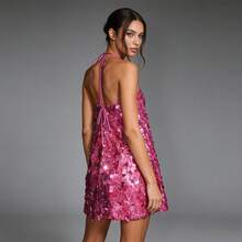 Women's Halter Mini Dress, Sparkly Sequin Sleeveless Backless Dress For Party  Date Night - Hot Pink - View 2
