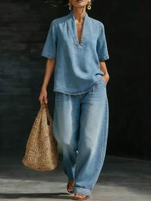 2026"Effortless V-Neck Denim 2pcs Set"| Short-Sleeve Loose Top& Wide-Leg Jeans, Perfect For Commute& Laid-Back Daily Style - Light Blue - 查看 10