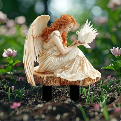 这款充满奇思妙想的波西米亚风天使与和平鸽亚克力花园插牌，是点缀花盆和园林景观的亮丽户外艺术装饰品，耐候性强，易于安装，尺寸为 11.8 英寸 x 10.2 英寸，是为您的花园或庭院增添一丝宁静的完美之选。