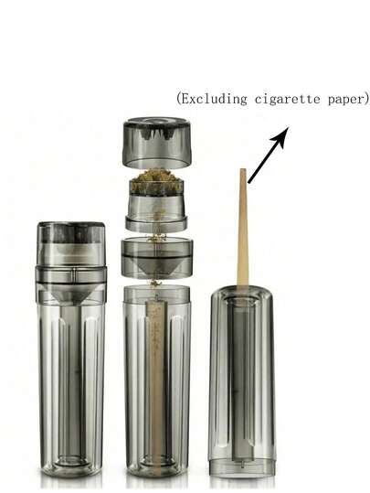 1件装三合一手动卷烟器，集卷烟、研磨、卷烟功能于一体，带锥形漏斗、四层研磨器、烟管填充器和烟草储存功能，有黑色、蓝色、红色和透明色可选，是馈赠佳品。