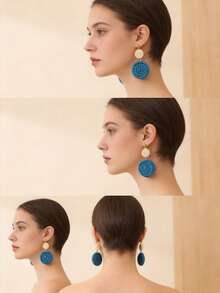 1 Pair Handmade Woven Wooden Earrings, Vintage Textured Earrings, Versatile Accessory For Commuting, Vacation, Countryside Outing, Artisan Market, Daily Wear, Retro/Boho/Nature Style - Blue - View 3