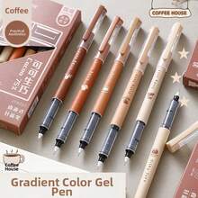 6支装咖啡主题速干液体墨水凝胶笔，防晕染，触感柔软，适用于记笔记、绘画、学习和办公用品 - 套裝 - 查看 1
