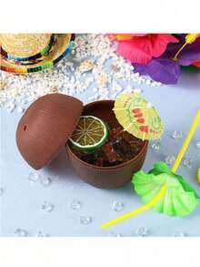 6/3pcs Hawaiian Theme Coconut Cups With Lids And Flower Straws, Suitable For Desserts And Ice Cream, Beach Party, Pool Party, Summer Outdoor Activities, DIY Drinks, Graduation Celebration, Indoor Home Decor - Multicolor - View 10