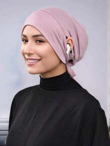 1pc Women Plain Color Earhole Hijab Cap, Lightweight Elastic Tied Headband Hijab Accessories, Hijab Cap, White Scarf, Head Scarf, Turban Scarf, Fashionable Minimalist Breathable Can Wear Headphones Small Cap Scarf For Women, Suitable For Daily Use Or As A Gift For Family And Friends Hair Sleep Cap Sleep Bonnet - 多色 - 2 件裝繫帶帽 - 查看 3