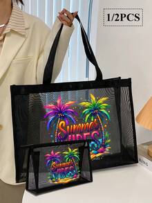 大容量網格沙灘托特包，印有「Summer Vibes」圖案，可折疊輕便防水防沙肩背托特包，透氣可重複使用，附贈配套化妝包，多功能收納包，可存放毛巾、防曬霜、泳衣、零食和化妝品，時尚夏季度假包，適用於海灘、郵輪、泳池、野餐、健身房、工作和其他場合，生日、節日、返校的完美禮物 - 彩色 - 查看 5