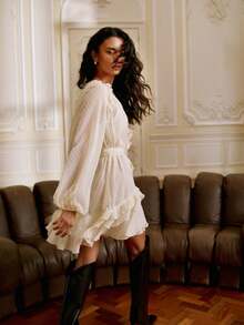 Women's New Elegant RomanticVacation Bohemian Solid Color V-Neck Ruffle Hem Asymmetrical Hem White Short Dress, Suitable For Summer Holiday, Beach Vac - White - View 3