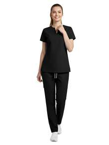 Set de 2 piezas Uniforme de enfermera para mujer, Parte superior + Pantalones con bolsillos, Ropa de trabajo para sala de cirugía, Ropa de trabajo para salón de belleza, Negro primavera - Negro - Ver 5