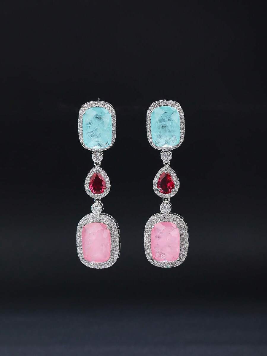 1 Pair Gorgeous Colorful Geometric CZ Drop Earrings, Copper Setting, Jewelry For Evening Dresses, Weddings & Parties - Drop Earrings - View 1