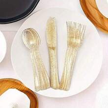 150/100/75/50/25/10/2pcs Gold Glitter Reusable Cutlery Set, Includes Forks/Spoons, Suitable For Parties, Outdoor Events, Family Gatherings, Weddings, Holidays, Cakes And Salads - Gold Powder - View 10
