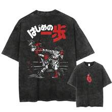 Hajime No Ippo Washed Tshirt Kamogawa Boxing Gym Crew Neckline Short Sleeve Anime Clothing Premium Quality Loose Fit Black Tee For All Seasons Cotton Menswear Classic Prints Cosplay - màu đen - Xem 1