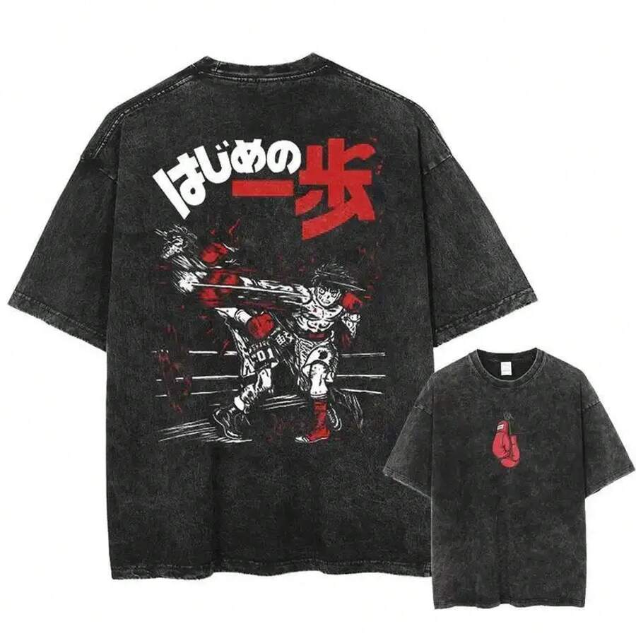 Hajime No Ippo Washed Tshirt Kamogawa Boxing Gym Crew Neckline Short Sleeve Anime Clothing Premium Quality Loose Fit Black Tee For All Seasons Cotton Menswear Classic Prints Cosplay - màu đen - Xem 1