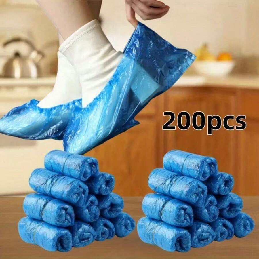 200Pcs Disposable Shoe Covers, Thickened Waterproof Plastic Shoe Protectors, Dustproof Wear-Resistant Foot Covers For Home Guest Use, Floor Carpet Protection - Blue - View 1
