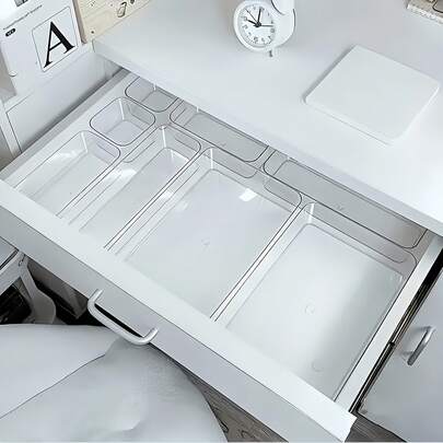 7pcs (S+S++L+L+XL)/2pcs S Drawer Divider Storage Box, Hair Accessories Organizer Box With Built-In Grid, Jewelry & Cosmetics Storage Box, Transparent PET Plastic Material, Multi-Function Compartment Box, Suitable For Drawers, Bedroom, Dorm, Bathroom, Desk