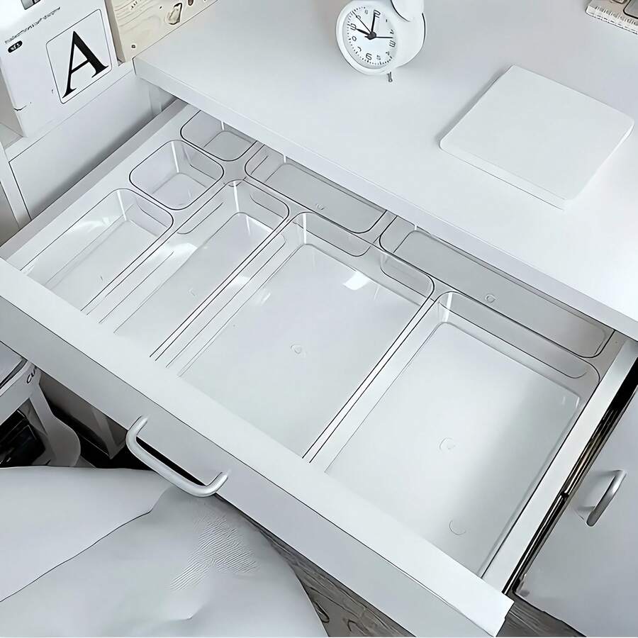 7/1pc Drawer Divider Storage Box, Hair Accessory Organizer Box With Built-In Grid, Jewelry & Cosmetic Storage Box, Transparent PET Plastic Material, Multi-Functional Compartment Box, Suitable For Various Home Drawers, Room, Bathroom, Home Decor, Multiple Sizes Available