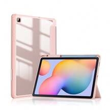 适用于三星 Galaxy Tab S9FE/S9/S8/S7 11 英寸平板电脑的三折翻盖支架保护套，防震防摔，带笔槽，自动休眠/唤醒功能，皮革外壳 + 亚克力背板 - 粉色 - 查看 5