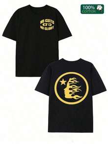Double-Sided Digital Flame Face Printed T-Shirt With "" Motif Breathable T-Shirt |   Avant-Garde Casual Wear 1Pcs Casual Soft Short Sleeve Pure 100% Cotton 220gsm ETLF - 黑色 5 - 查看 13