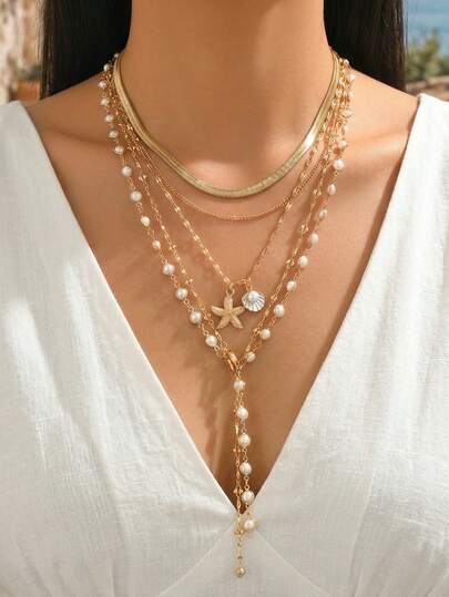 5件套夏季海滩度假风多层金色Y字链项链，时尚百搭贝壳和海星吊坠项链，适合女性日常佩戴、度假、派对、音乐节等场合。链长可通过剪链节定制。