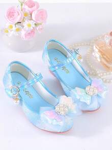 Shiny Rainbow Princess Girl's High Heels, Glitter Blue Formal Shoes With Faux Pearl And Rhinestone Decor, Non-Slip Rubber Sole, Closure, Suitable For Performance And Party - Blue - View 4