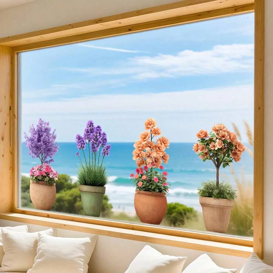 1pc European Style Potted Artificial Green Plant Sticker, Lavender & Rose Combination, Self-Adhesive, Decorate Window Sill With Cozy Atmosphere - Multicolor - View 1