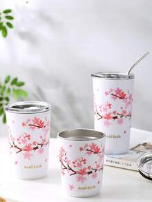 1pc Women's Sakura Flower Insulated Tumbler With Lid, Pink Floral Pattern, Double-Wall Vacuum Design, Suitable For Carrying Hot Drinks Like Coffee And Tea Outdoors, Travel Coffee/Tea Cup, Gift For Women, Family, Friends - Multicolor - View 3