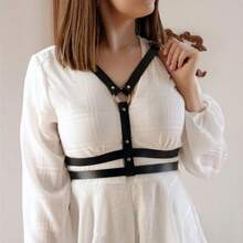 1 chiếc thắt lưng nữ màu đen trơn bằng da PU, kiểu dáng gợi cảm, cổ chữ V, có khóa tròn đan chéo, phù hợp cho mặc hàng ngày, dự tiệc và phối đồ. - màu đen - Xem 1