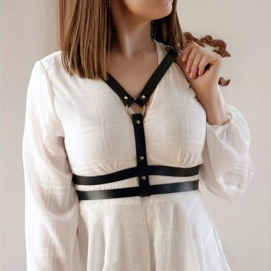 1 chiếc thắt lưng nữ màu đen trơn bằng da PU, kiểu dáng gợi cảm, cổ chữ V, có khóa tròn đan chéo, phù hợp cho mặc hàng ngày, dự tiệc và phối đồ. - màu đen - Xem 1