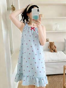 Đầm hai dây kẻ caro màu anh đào dễ thương và ngọt ngào cho bé gái mùa hè, đầm hai dây kẻ caro màu xanh nhạt thắt nơ, phong cách thường ngày tươi mới và thời trang, thích hợp cho kỳ nghỉ xuân/hè, mùa hè, cuối tuần, đầm ngủ hai dây, dự tiệc, mặc trong nhà và ngoài trời. - Màu xanh lam - Xem 4