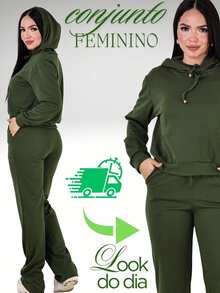 Ana Ribbed Wide-Leg Pants + Hoodie Set - Hijau Tentara - View 1