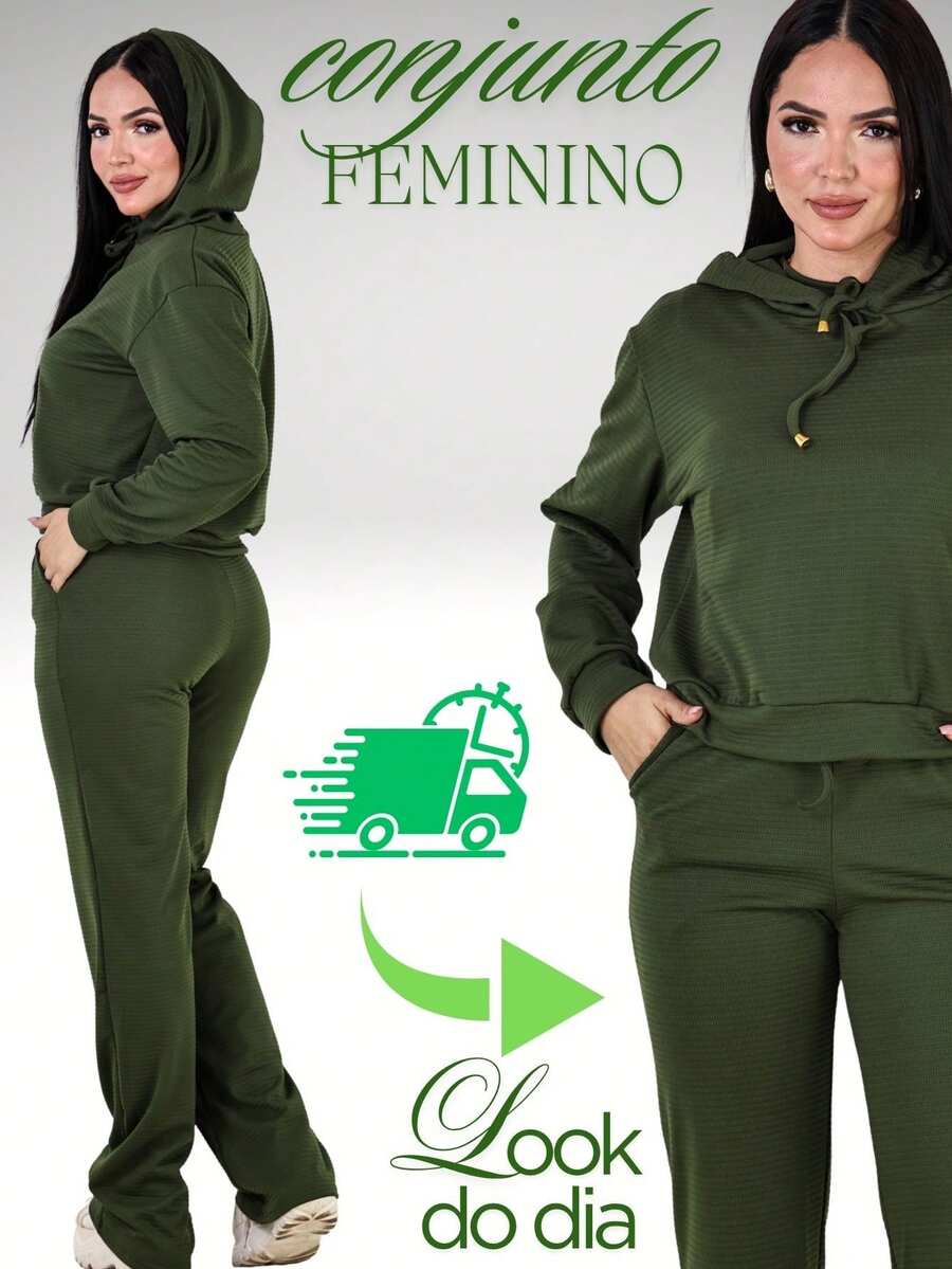 Ana Ribbed Wide-Leg Pants + Hoodie Set - Hijau Tentara - View 1