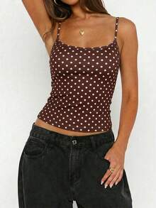 Vaiaye 女士时尚内衣风上衣，春夏波点圆领修身休闲度假性感吊带背心，适合海滩度假和日常休闲穿着。 - 棕底白波點 - 查看 8