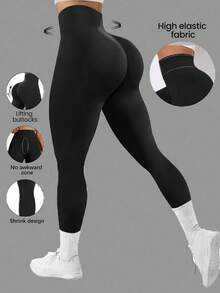 Calça Esportiva Feminina de Cintura Alta, Ajuste Justo e Longa, Legging Casual de Verão 7/8, Calça de Yoga com Cintura Marcada e Levantamento, Meia-Calça de Base com Controle de Barriga, Preta - Preto - Visão 1