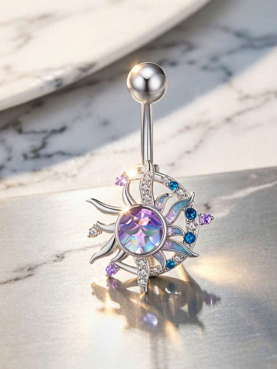 1 pieza Anillo de ombligo con forma de llama y luna de circonita a la moda, adecuado para uso diario como joyería corporal - Plateado - Ver 1