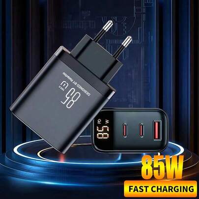 1 ładowarka 85 W, 2 porty typu C + 1 USB typu C, szybkie ładowanie QC4.0, adapter ścienny, kompatybilny z 'em 17 Pro Max/17 Pro/17/Air/16/15/14/13/12/11/XS/XR/8/7/6, S25/S24/S23/S22/S21/S20 Ultra Plus i innymi
