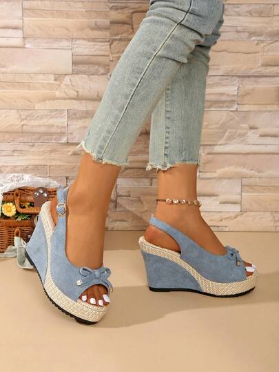 Giày sandal đế xuồng dày dặn kiểu dáng thường ngày mới dành cho nữ, sandal đế xuồng cao gót có nơ trang trí.