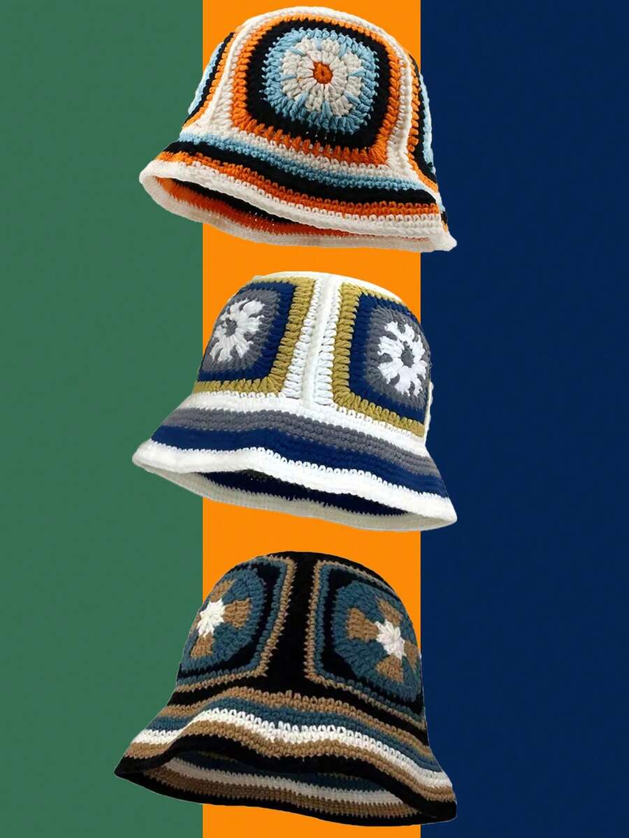 1pc Vintage Hollow Floral Handmade Bucket Hat, Sweet And Stylish Wool Beret For Spring, Autumn And Winter, Unisex Small Size, Suitable For Autumn Outfits - Multicolor - View 1