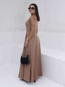 Elegant Women's Long Ribbed Dress With Pockets - Lạc đà - Xem 4