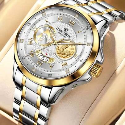 Đồng hồ đeo tay nam Globus ba mặt số dập nổi, thời trang và đa năng, máy Nhật Bản, dây đeo bằng thép không gỉ mạ vàng bạc, vỏ vàng, mặt số hiển thị chu kỳ mặt trăng đính kim cương, chữ số La Mã, kim dạ quang, hiển thị ngày, đèn LED báo hiệu, phong cách công sở cao cấp, phù hợp để đeo hàng ngày, hẹn hò, dự tiệc, lễ tốt nghiệp, năm mới, quà tặng ngày Valentine.