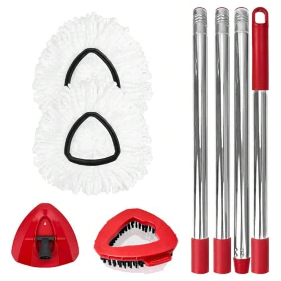 Spin Mop Replacement Set For O-Ceda EasyWring 1-Tank System Includes 2 Mop Head Replacement 1 Mop Handle 30-58in Adjustable 4-Section Pole 1 Scrubber Head 1 Spin Base - 紅/白 - 查看 1