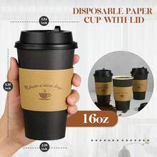 100 Pa 16 Oz Paper Coffee Cups With Lids, Bla  Coffee Cups With Lids, Sleeves And Stirring Stis, For Parties, Picnic, Travel, And Events Variant 3 - Màu đen - 16oz - Xem 2