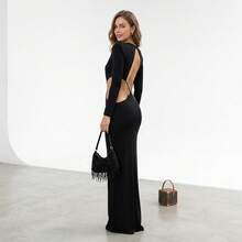 Evening Gown With A Dramatic Back And Asymmetric Waist Cutout On Long Sleeves - 黑色 - 查看 7