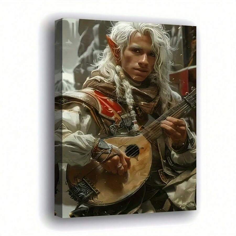Lienzo artístico 2D plano, 2D plano, con medidas de 29.97*44.96 cm, enmarcado en madera, con una imagen de un elfo con cabello blanco y orejas puntiagudas. Viste atuendo exótico y está adornado con joyas exquisitas. - Sin marco - Ver 1