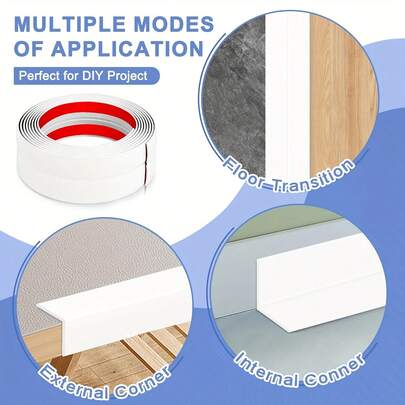 L-Shaped Self-Adhesive Wooden Floor PVC Edge Trim With Curved Sealing Strips For Corner Sealing Of Tiles And Wardrobes. It Is A Peel-And-Stick Decorative Product That Forms A Finished Appearance. It Is A Self-Adhesive Wall Decoration Suitable For Walls, Windows, And Tables.
