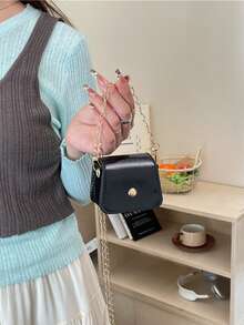Bolso bandolera de cadena sólida con estampado de mini cocodrilo - Negro - Ver 12