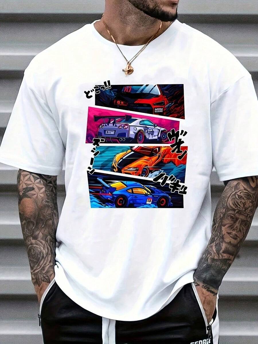Fashion Car Print T-Shirt White - 白色 - 查看 1