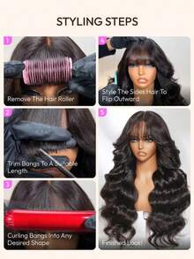 Dollface Black, Voluminous Human Hair Wig With A Natural Loose Body Wave Texture And Bangs | 3D Body Wave Lace Front Wig With Bangs | Completely Machine-Made | Ready-To-Wear And Glue-Free | Summer Wig | Curtain Bangs Style With An Invisible Drawstring For A Perfect Fit On Any Head Size | Human Hair, Pre-Plucked, Pre-Cut, And With Bleached Knots | Natural Black | 180% Hair Density | Lace-Front Wig For Women | Glue-Free Body Wave Remy Human Hair Wig In A Natural Color | Beginner-Friendly And Breathable - Natural Black - Xem 8