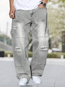 Men's Fashion Streetwear Slant Pocket Distressed Ripped Denim Jeans - Light Grey - View 4