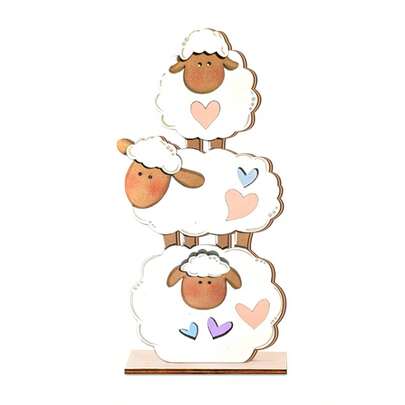 1 món đồ trang trí để bàn hình con cừu bằng gỗ cho lễ Ramadan Eid Al-Adha, gồm ba con cừu xếp chồng lên nhau được trang trí bằng những trái tim màu hồng và tím. Một món quà thiêng liêng cho lễ Eid Al-Adha, thích hợp để trang trí cửa sổ trong dịp lễ hội và làm vật trang trí trung tâm cho các bữa tiệc Eid.