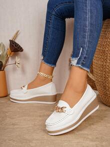 Women's Spring New Rhinestone Embellished Metal Chain Breathable Leather Upper Casual Wedge Heel Comfortable Slip-On Loafers - White - View 5