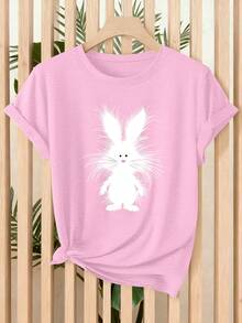 Camiseta de manga corta de primavera y verano para uso diario y casual, con diseño versátil y cómodo, de cuello redondo, transpirable, con estampado de conejo blanco esponjoso de estilo retro y fresco, para celebración de primavera y Pascua - Rosa - Ver 7